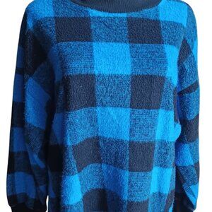 Medium Vintage New Wave Sweater 1980's K.K. Blue Black Plaid Acrylic Crewneck